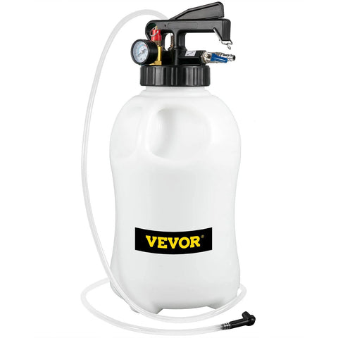 VEVOR transmission fluid pump with 10L white plastic reservoir, gauge, and clear hose.