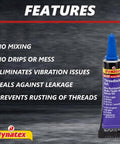 Blue Gel Thread Locker Medium Strength For Metal Fasteners, 0.20 Oz Bottle with product features highlighted.