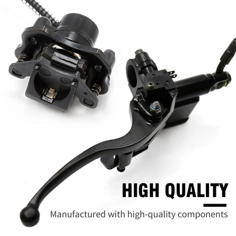 Close-up of Beefed Up Left Hand Hydraulic Brake Caliper Assembly Replacement for 50cc to 150cc Chinese ATVs showing components.
