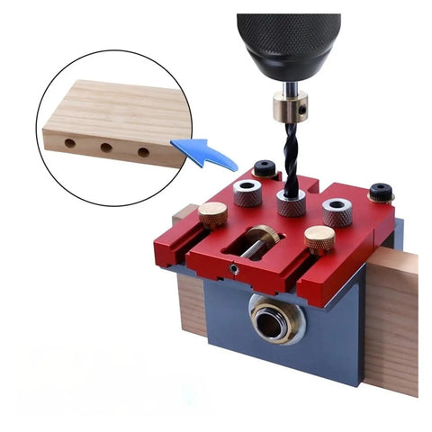 Multi Functional Woodworking Punch Positioner With Aluminum Alloy Tenon Locator For Precise Splicing And Plate Opening 3 In 1 Tool Setup drilling into wood with red and gray positioning base.