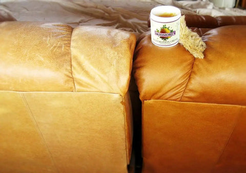 Restoration Cream For Leather And Wood, Quick Scratch Repair And Conditioning on sofa, easy application, made in USA, 6 oz