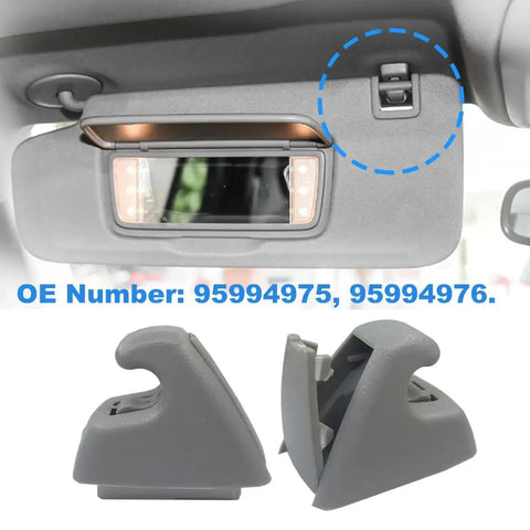 Gray sun visor clip holder installed in Chevrolet Cruze with additional clip detail, OE 95994975, 95994976, 2 pack.