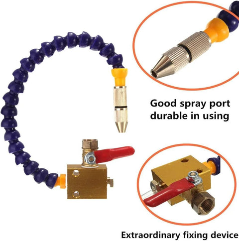 Mist coolant lubrication system unit with blue flexible hose, brass fittings and spray nozzle for CNC milling/lathe.