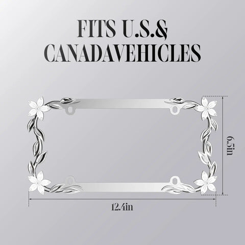 Floral Bling License Plate Frame With 3D Flower Design And Rhinestone Accents Chrome Painted Zinc Alloy Rust Resistant Car Accessory For Women Cute Girly Style That Fits US And Canada, shown with dimensions 12.4in x 6.5in.