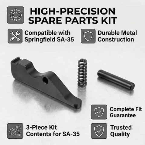 3 Piece Replacement Kit For SA-35 Pistol With Extractor, Spring, And Pin on silver background with feature icons