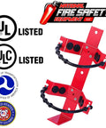 Four Pack Heavy Duty Steel Fire Extinguisher Mount For Ten Pound Units built rock solid, showing red powder-coated brackets with safety straps.