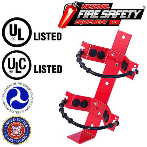 Four Pack Heavy Duty Steel Fire Extinguisher Mount For Ten Pound Units built rock solid, showing red powder-coated brackets with safety straps.