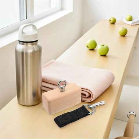 Wood Grip Trainer For Climbing And Lifting, Ergonomic Hand Strengthener with Beech Wood Block and carabiner on table