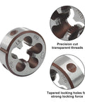 Close-up of 2 Pack M16 x 1.5 High Speed Steel Tap and Die Set for Metric Threads with precision cut and locking holes.