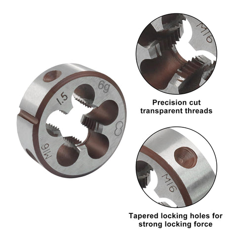 Close-up of 2 Pack M16 x 1.5 High Speed Steel Tap and Die Set for Metric Threads with precision cut and locking holes.