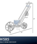 Diagram of Single Row Garden Seed Seeder dimensions with 10 seed plates, showing hopper, chain drag, and rear wheel design.