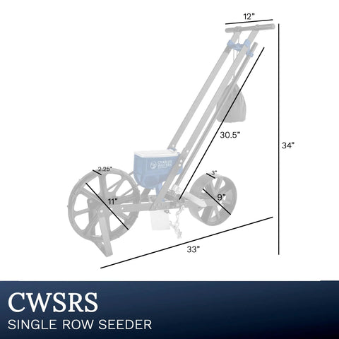 Diagram of Single Row Garden Seed Seeder dimensions with 10 seed plates, showing hopper, chain drag, and rear wheel design.