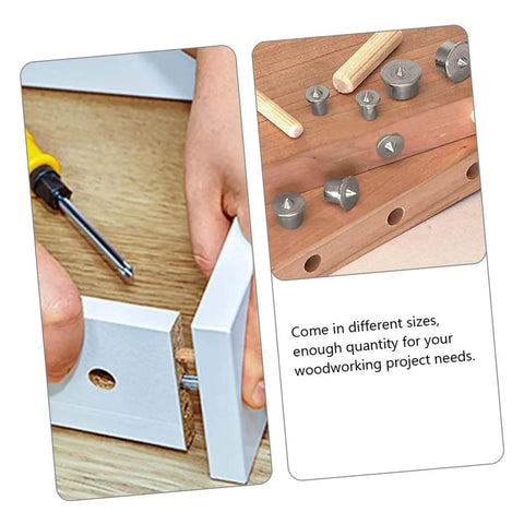 Two Sets Woodworking Dowel Maker Kit With Steel Dowel Centers And Transfer Plugs Alignment Tool shown in hand for precise marking