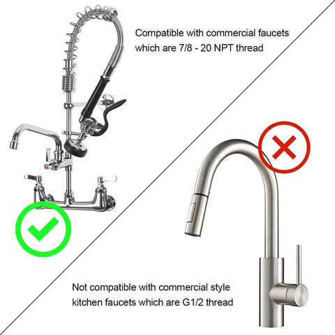 Comparison of Pre Rinse Sprayer Head for Commercial Kitchen Faucet Replacement 1.42 GPM High Pressure and standard faucet compatibility