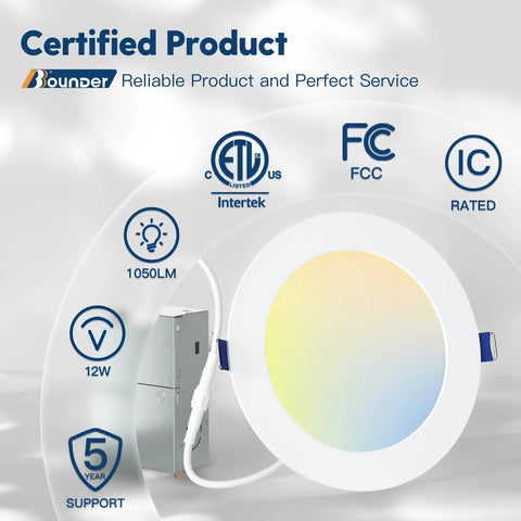 24 Pack 6 Inch Ultra-Thin LED Recessed Canless Downlights With Junction Box, 5CCT Selectable 2700K–5000K, Dimmable, ETL FCC listed