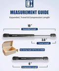 10 Inch Gas Strut Lift Support for Cabinet Lids and Toy Boxes, length measurement guide, expanded, travel, and compression.