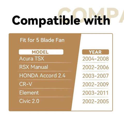 Compatibility chart for Radiator Cooling Fan Motor For Honda Accord CRV Element Civic Acura TSX RSX 5 Blade Replacement Part Fits 2002 To 2011