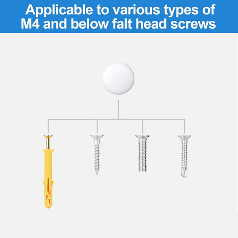 White Plastic Screw Covers For M4 Screws 100 Pack Dome Caps With Rubber Gaskets shown with different screw types for compatibility.