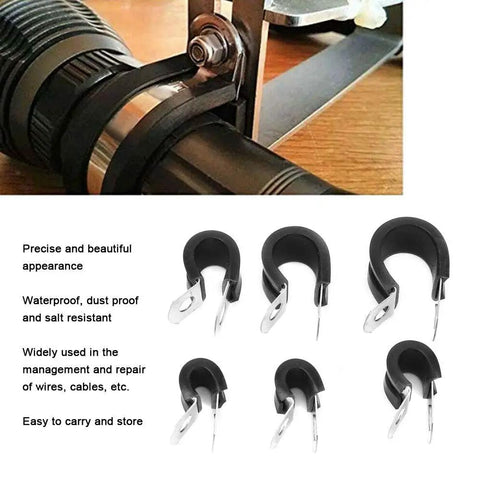 Rugged Stainless Steel Cable Clamp Kit With Rubber Sleeves 52 Piece Black Wire Management Set for automotive and industrial use.