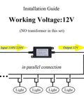 Installation guide for Four Pack 3W 12V RGB In Ground Landscape Lights With Remote Control, showing wiring setup and voltage.