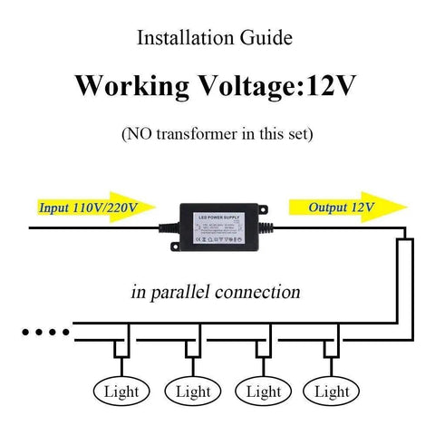 Installation guide for Four Pack 3W 12V RGB In Ground Landscape Lights With Remote Control, showing wiring setup and voltage.