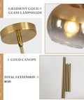 Gradient Gold Glass Pendant Light For Kitchen Island with gold canopy and 5 extension rods, close-up of lampshade and canopy