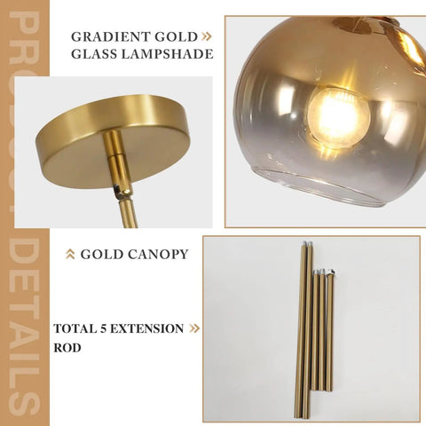 Gradient Gold Glass Pendant Light For Kitchen Island with gold canopy and 5 extension rods, close-up of lampshade and canopy