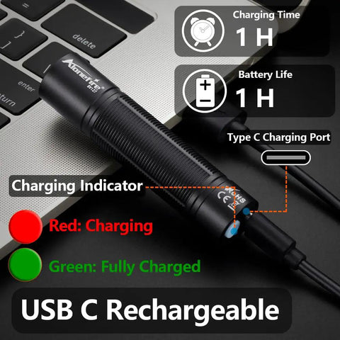 Compact 365nm UV Blacklight With USB C Rechargeable Battery showing charging indicators and USB-C port for easy use