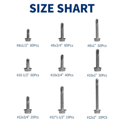 Size chart of 400 Piece Stainless Steel Self Tapping Screws Kit For Metal And Sheet Metal With Hex Washer Head Self Drilling Assortment
