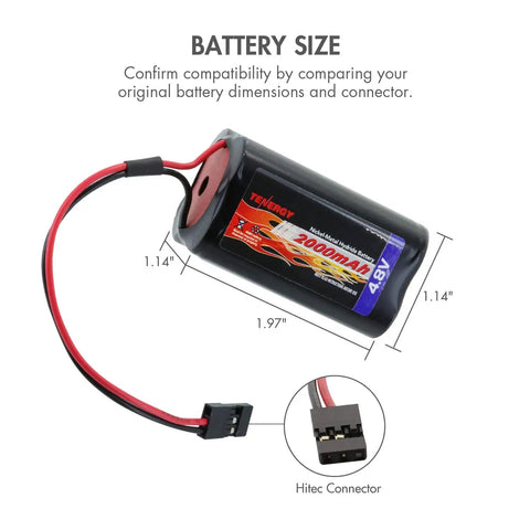 Beefy 4.8V 2000mAh NiMH RC Receiver Battery Pack with Hitec and Futaba connectors, dimensions labeled, square rechargeable battery