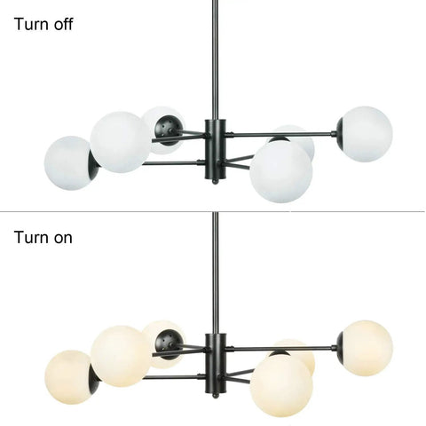 Six Light Sputnik Chandelier In Matte Black With Globe Glass Shades, Dope Mid Century Modern Dining Room And Kitchen Island Lighting, Height Adjustable Fixture With 11 Inch By 32 Inch Span For Flexible Home Decor, shown turned on and off