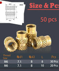 Solid Brass Heat Set Nuts M6 Metric Threaded Inserts 50 Piece Heavy Duty Kit showing various angles and measurements for thermoplastic assembly.