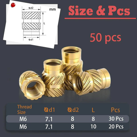 Solid Brass Heat Set Nuts M6 Metric Threaded Inserts 50 Piece Heavy Duty Kit showing various angles and measurements for thermoplastic assembly.