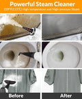 Kick Stubborn Grease To The Curb With Heavy Duty Handheld Steam Cleaner Featuring 1050W Fast Heat Up And 239 Degree Pressurized Hot Steam cleaning stains from a toilet and shirt.