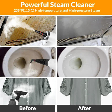 Kick Stubborn Grease To The Curb With Heavy Duty Handheld Steam Cleaner Featuring 1050W Fast Heat Up And 239 Degree Pressurized Hot Steam cleaning stains from a toilet and shirt.
