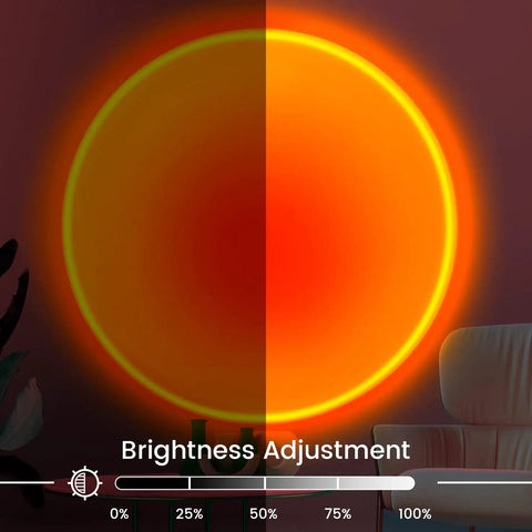 Sunrise Mood Lamp With Remote, 16 Color Changing Sunset Projector for Bedroom displaying brightness adjustment feature.
