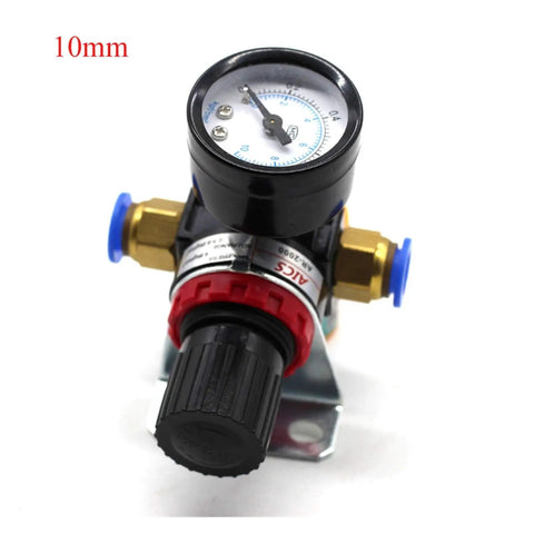 No Sweat Quarter Inch Air Pressure Regulator Valve Featuring Crisp Dial Gauge For Airbrush Spray Painting And Pneumatic Gear Adjusts Flow Zero To Eight Point Five Bar Rock Solid, compact size with gauge and controls.