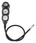 Pressure gauge with three dials and black hose for measuring pressure in various applications, suitable for mechanics.