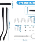 Black Eyeglasses Repair Kit With Straight Up Solid Temple Arms And Premium Nose Pads dimensions showing black temple arms and accessories