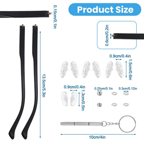 Black Eyeglasses Repair Kit With Straight Up Solid Temple Arms And Premium Nose Pads dimensions showing black temple arms and accessories
