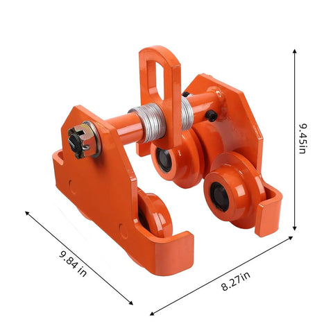 Heavy Duty Manual Trolley for 2 Ton Load, Steel Push Beam Trolley With Dual Wheels, Adjustable Width, orange metal construction