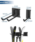 Garage Ski Wall Rack Holds 2 Pairs Of Skis With Adjustable Rail, shown mounted with size dimensions, easy installation in shed or garage.