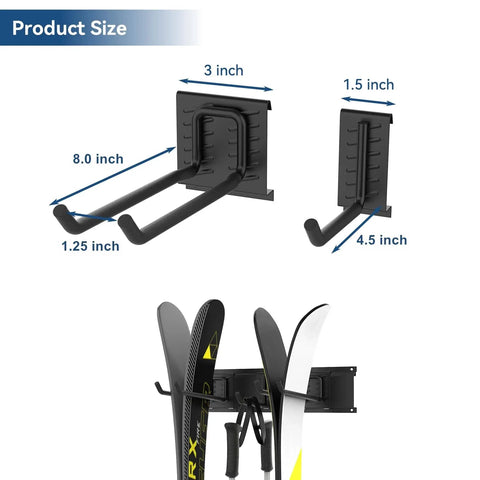 Garage Ski Wall Rack Holds 2 Pairs Of Skis With Adjustable Rail, shown mounted with size dimensions, easy installation in shed or garage.