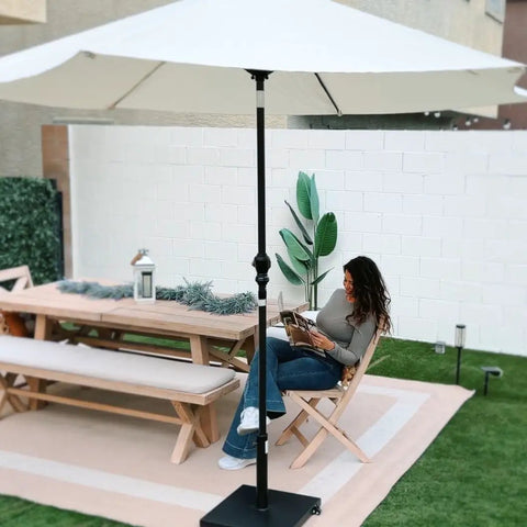Heavy Duty 43Lb Concrete Patio Umbrella Base With Wheels Square Outdoor Stand For Market Umbrellas Black Finish supporting umbrella