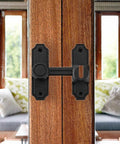 90/180 Degree Flip Barn Door Lock Security Latch For Sliding Doors And Cabinets Easy Install Privacy Gate Lock For Barn Garden Bathroom Window And More Matte Black Finish installed on wooden door