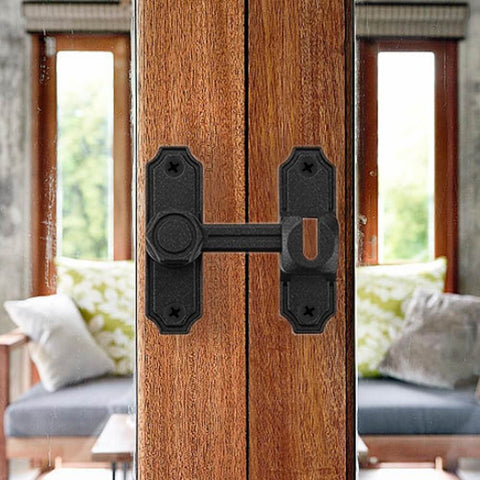 90/180 Degree Flip Barn Door Lock Security Latch For Sliding Doors And Cabinets Easy Install Privacy Gate Lock For Barn Garden Bathroom Window And More Matte Black Finish installed on wooden door