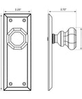 Dimensions diagram of Crystal Door Knob With Plate In New York And Waldorf Style Vintage Glass Knob Set with 7" backplate and 2.125" knob.