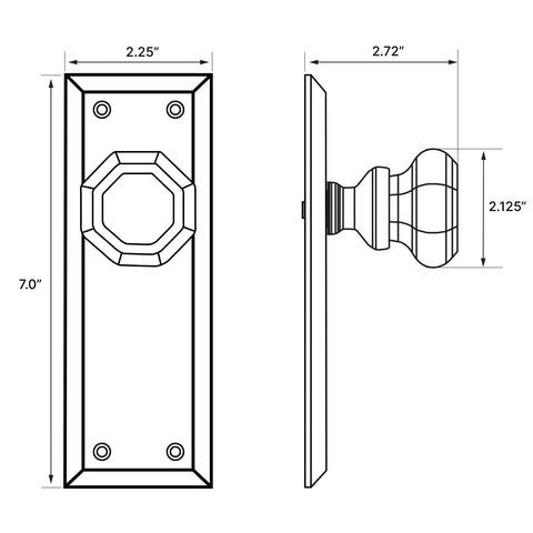 Diagram of New York And Waldorf Crystal Door Knob With Plate, showing dimensions and design details, including sparkling crystal knob.