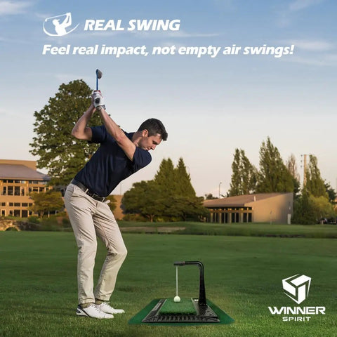 Man practicing golf swing with Real Swing 300 Golf Swing Trainer With Real Impact For Accurate Hitting And Trajectory Check Height Adjustable Practice Mat Groover Aid For Building Consistent Path And Solid Contact on lawn