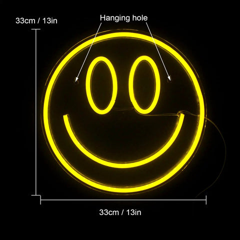 Happy Face Neon Sign LED Neon Light Wall Decor USB Powered Yellow Neon for Bedroom Kids Room Wedding Party, 13 inch diameter